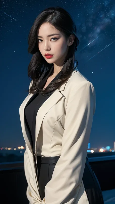 High resolution、masterpiece、Textured skin、high quality、Ultra HD、Very detailed、woman、Age 30、Center parted wavy hair、Large Breasts、大人のwoman、Sexy vibe、Perfect Style、On a city rooftop、City buildings on the horizon、((At night, the sky is filled with stars.)), M...