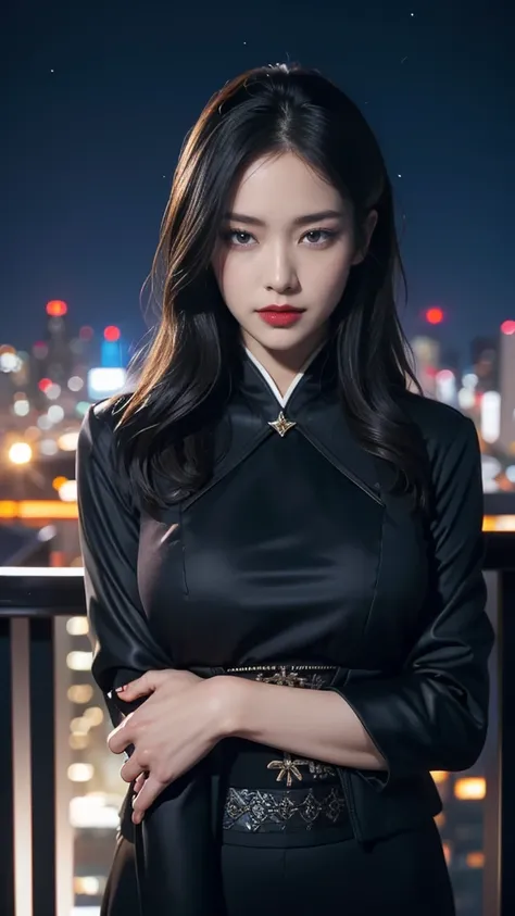 High resolution、masterpiece、Textured skin、high quality、Ultra HD、Very detailed、woman、Age 30、Center parted wavy hair、Large Breasts、大人のwoman、Sexy vibe、Perfect Style、On a city rooftop、City buildings on the horizon、((At night, the sky is filled with stars.)), M...