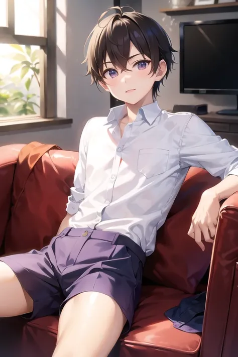 a cute boy sitting in a living room, wearing a white sleeve shirt and purple underwear, beautiful, best quality, masterpiece