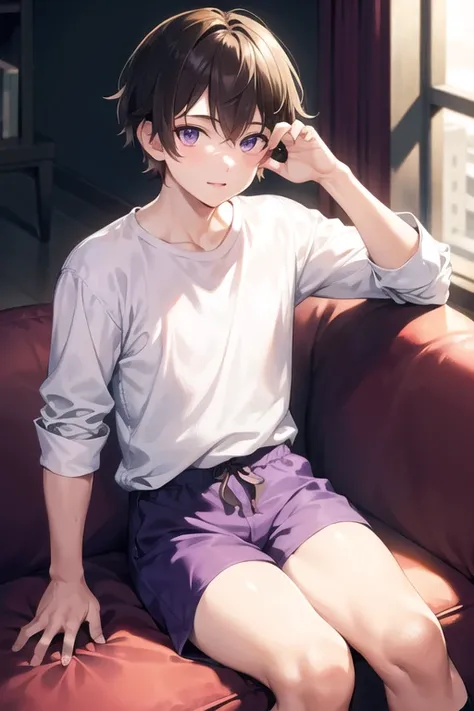 a cute boy sitting in a living room, wearing a white sleeve shirt and purple underwear, beautiful, best quality, masterpiece