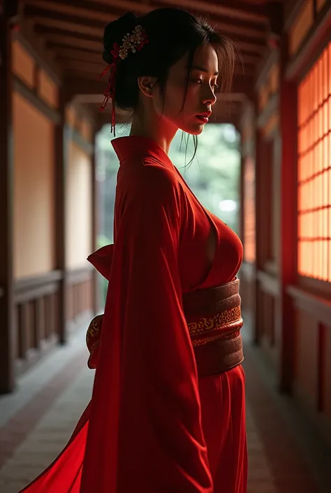 Japanese Temple　Red kimono　Breast flash　Big Breasts　woman