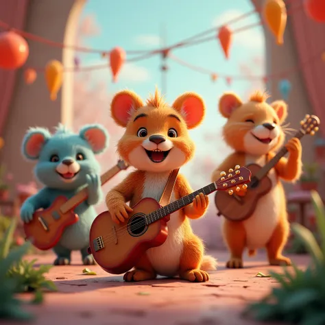 a cartoon animal band, cute furry animals playing musical instruments, colorful and vibrant scene, whimsical and imaginative, highly detailed, dynamic composition, warm lighting, soft pastel colors, magical atmosphere, playful and joyful, adorable animal c...