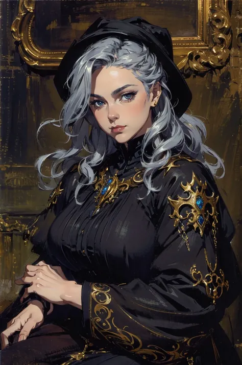 (best lighting) (best quality, masterpiece:1.2), (absurdres), 4k, (detailed eyes), (detailed face), woman, long silver hair, curvy, fantasy fashion, fantasy, noble, black outfit, solo, cinematic, soft lighting, centred, bold background