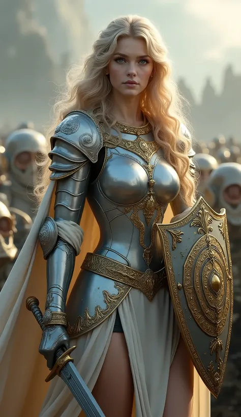 Female paladin defeats goblin horde, beautiful paladin, wavy blonde hair, long eyelashes, blue eyes, detailed silver armor with gold ornaments, ripped cape, goblin horde, with light sword and holy shield engraved with holy spells, ((masterpiece, highest qu...