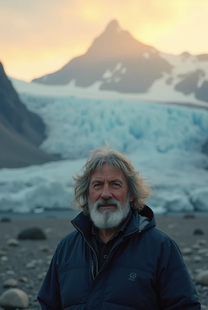 Long shot of an Albanian vet, Shaggy style grey hair, The glacier in the background, sundown, Soft Focus, Light, Soft Light, debt/8, Beige and navy blue splashes, Swirl, Extremely hyper aesthetic