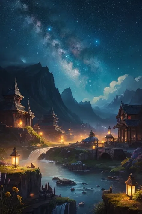 Best Quality、Landscape painting、Fantasy art、Starry Sky、grow、dramatic