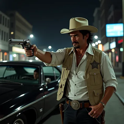 photorealistic, Masterpiece full hd 8k perfect body perfect face 1 1 strict mature john winchester perfect disheveled straight hair black eyes muscular body, while he wears a beige cowboy hat, a white shirt under a light vest, The vest features a detailed ...