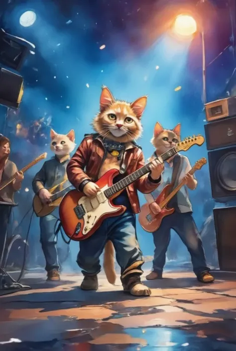 cute cat rock band, cute cats playing musical instruments, electric guitar, bass, drum, energetic performance, little paws pluck...