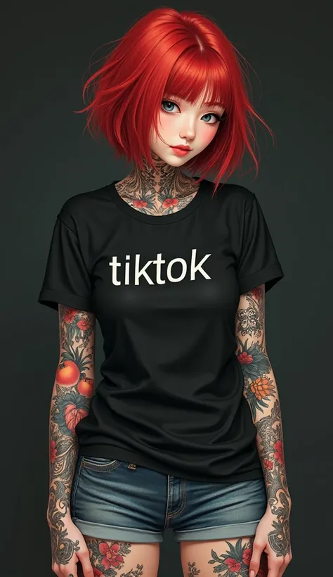 beautiful red haired korean girl, whole body covered in tattoos, in a black t-shirt with written on it "tiktok", blue jeans, short red hair, realistic, complex details, hard colors