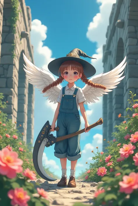 a girl with twin tails wearing a white shirt, overalls, with angel wings and a witch hat, holding a sci-fi scythe, standing in ancient ruins surrounded by flowers, intricate details, cinematic lighting, fantasy, anime style, 8k, high quality, dynamic scene...