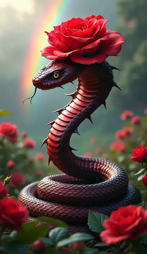 A striking hybrid of a king cobra and a red rose stands in the center of a lush, surreal garden. The cobra’s body is entwined with rose vines, its scales shimmering with deep crimson hues, blending seamlessly into the delicate petals of a large red rose bl...