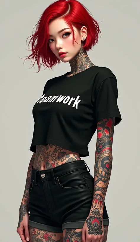 beautiful red haired korean girl, whole body covered in tattoos, in a black t-shirt with written on it "TEAMWORK", blue jeans, short red hair, realistic, complex details, hard colors