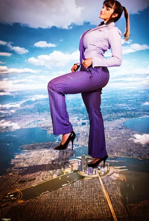 Young massive Gigantic giantess woman bigger the whole cities, beautiful curves a massive thighs, hair in a long fishtail braid, lipstick wearing a perfect perfect tailored grey pinstriped trouser suit and blazer, crisp white shirt and large broad purple w...