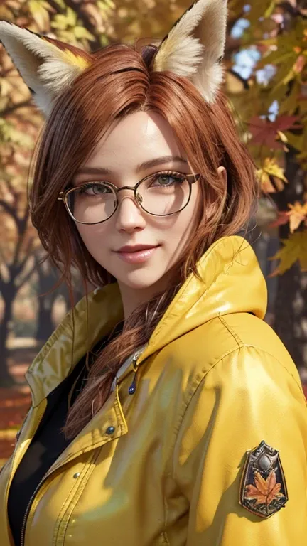 portrait, close-up, upper body. Short, red hair, green eyes, glasses with metal frames, green coat, joyful smile, cheerful girl . (masterpiece, top quality, best quality, official art, beautiful and aesthetically pleasing:1.2), extremely detailed,(fractal ...