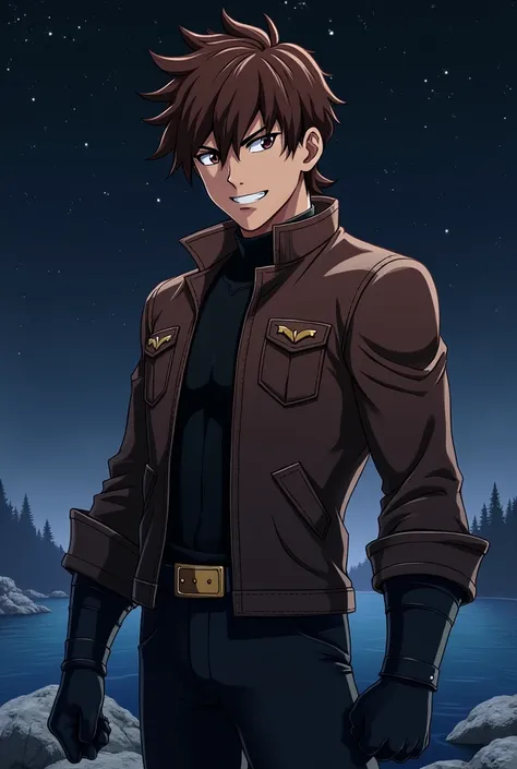 estilo anime shingoaraki saint seiya, young, masculine, strong, brown eyes, Frowning eyebrows, sideways smile, closed mouth, thick brown hair, brown hair with bangs, short style beard, majestic, looking at the camera, fitted leather jacket, black long slee...