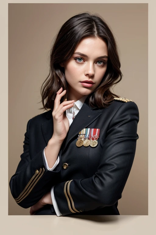 a young, slavic woman with pale skin, dark hair styled in loose waves, and expressive brown eyes, stands confidently in a textured, black military uniform, adorned with a silver badge, against a muted, beige background reminiscent of a foggy, eastern europ...