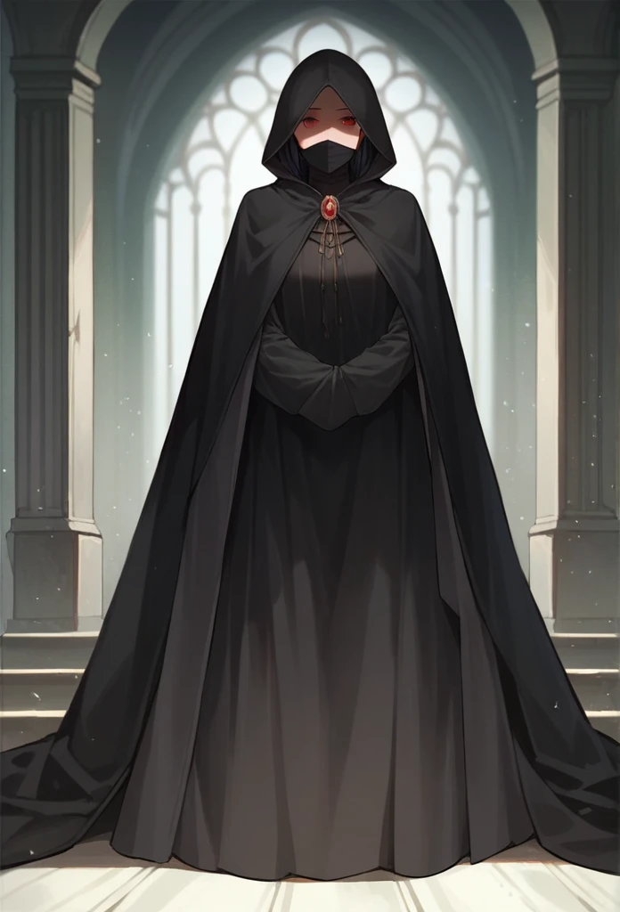 , 1girl, solo, black hair, red eyes, long cape sleeves, sleeves covered hands, no hands, dress, long cape, cape, black cloak, hood up, black robe, covered mouth, hooded cloak, masterpiece, best quality, rooms, standing