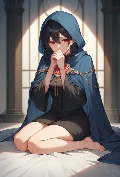 , 1girl, solo, black hair, red eyes, sleeves covered hands, no hands, dress, long cape, cape, blue cloak, hood up, black robe, covered mouth, hooded cloak, masterpiece, best quality, rooms, sitting 