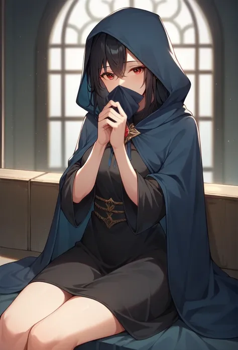 , 1girl, solo, black hair, red eyes, sleeves covered hands, no hands, dress, long cape, cape, blue cloak, hood up, black robe, covered mouth, hooded cloak, masterpiece, best quality, rooms, sitting 