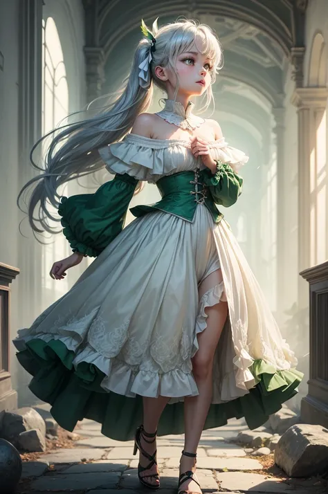 (masterpiece、Best Quality、Best Quality、Beautiful and beautiful:1.2)、Full Body、Low angle、1 Girl、Voluminous twin tails、Silver Hair、Hair that blends with the morning sun、Round and beautiful eyes、(((Look up)))、Soft Light、 Pure、charm、White adult suit、(Long hem、...