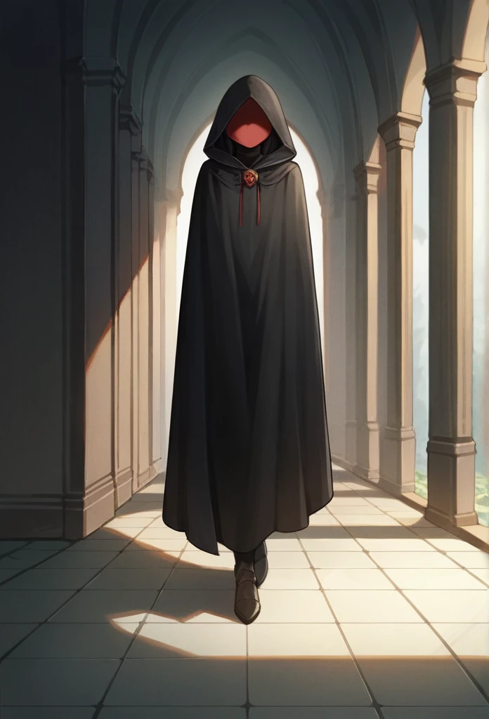 , 1girl, solo, black hair, red eyes, long cape sleeves, sleeves covered hands, no hands, dress, long cape, cape, black cloak, hood up, black robe, covered mouth, hooded cloak, masterpiece, best quality, rooms, walking