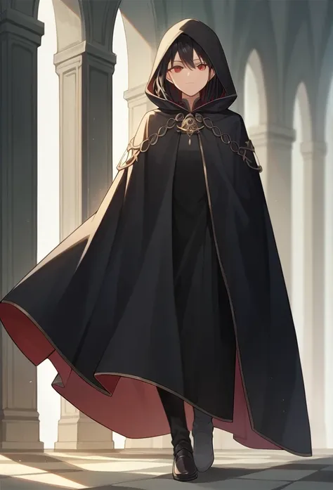 , 1girl, solo, black hair, red eyes, long cape sleeves, sleeves covered hands, no hands, dress, long cape, cape, black cloak, hood up, black robe, covered mouth, hooded cloak, masterpiece, best quality, rooms, walking