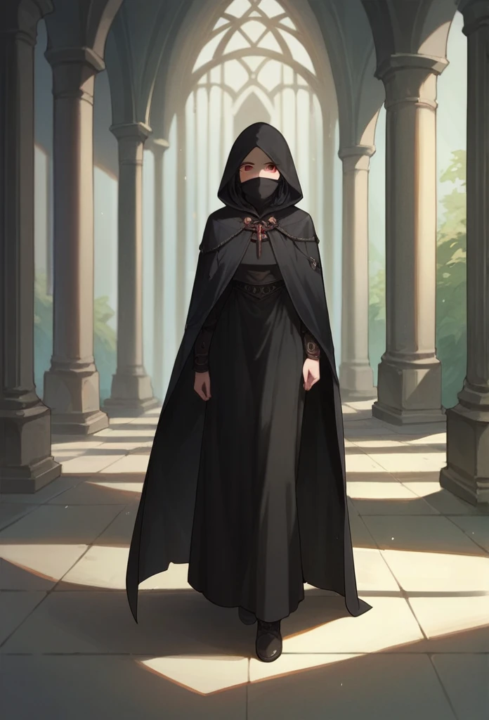 , 1girl, solo, black hair, red eyes, long cape sleeves, sleeves covered hands, no hands, dress, long cape, cape, black cloak, hood up, black robe, covered mouth, hooded cloak, masterpiece, best quality, rooms, walking