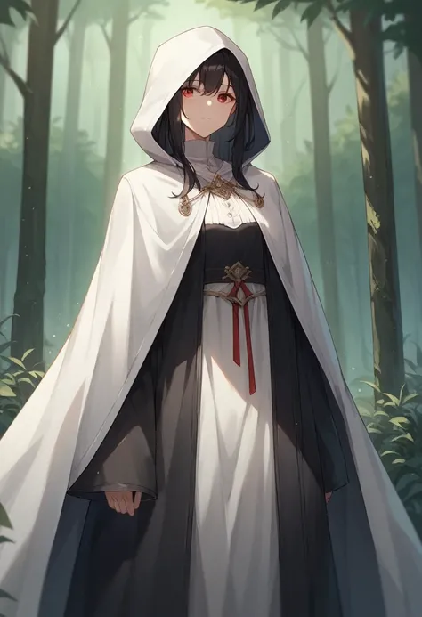 , 1girl, solo, black hair, red eyes, long cape sleeves, sleeves covered hands, no hands, dress, long cape, white cape, white cloak, hood up, black robe, covered mouth, hooded cloak, masterpiece, best quality, forest, standing