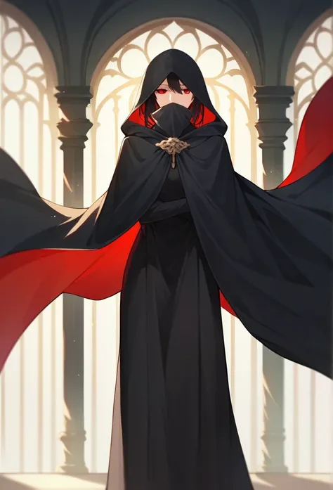 , 1girl, solo, black hair, red eyes, long cape sleeves, sleeves covered hands, no hands, dress, long cape, cape, black cloak, hood up, black robe, covered mouth, hooded cloak, masterpiece, best quality, rooms, standing