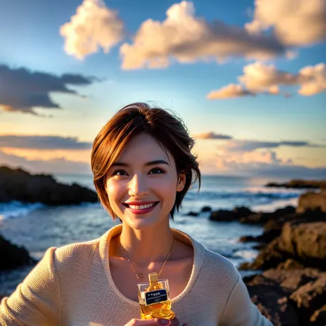 (Realistic, 超Realistic:1.4), 16K HDR, High resolution,((Whiskey Glass)),((Whiskey Bottle)),((Whiskey Glass)),Happy smile、short hair,The best smile、Japanese actress,so beautiful(It looks like the real thing),Evening Dresses,Cocktail Dresses、Whiskey Bottle、T...