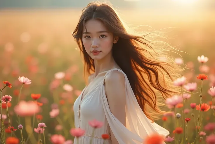 High quality, high resolution, real photos. Japanese beauty in her 20s, ethereal, (dreamy: 1.2), soft focus, floating in a flower field, wearing a white dress, long flowing hair, (breeze: 1.1), sunlight, golden hour, fantasy, depth of field, cinematic ligh...