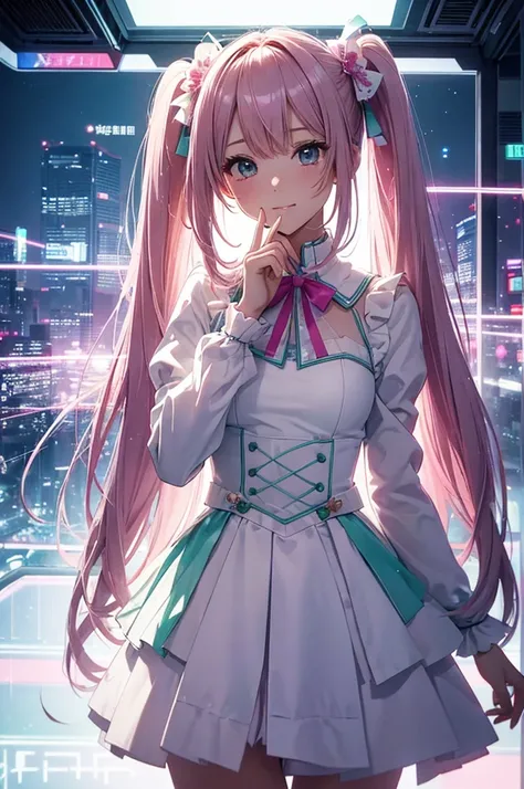 (masterpiece、Best Quality、super high quality、Beautiful and beautiful:1.2)、(Pink twin tails)、(Smile:0.8)、(theme:Gentle white and mint green&Inorganic)、Adult Suit、Rich details、Cyber city neon space、break、Her image seen through a transparent glass monitor scr...