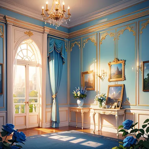 ((best quality)), ((masterpiece)), (detailed), landscape, indoor, room, window, blue roses, no person