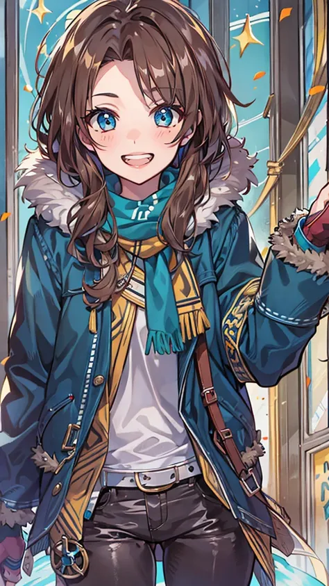 Best Quality, Textured skin, Glossy lips,Brown Hair ,Blue jacket with fur,Shiny Hair, Hair scarf, blue eyes, Grin, Character portrait, Mole on the corner of the mouth, Anime Style, Pistol