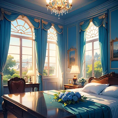 ((best quality)), ((masterpiece)), (detailed), landscape, indoor, room, window, blue roses, no person