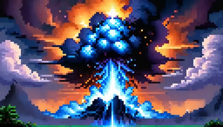 (pixel art), dark, fantasy, rpg, game asset, create cinematic picture of a gigantic blue explosion without fire pouring bleu ene...