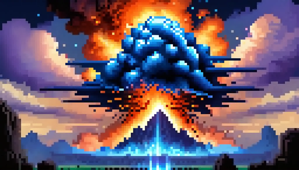 (pixel art), dark, fantasy, rpg, game asset, create cinematic picture of a gigantic blue explosion without fire pouring bleu ene...