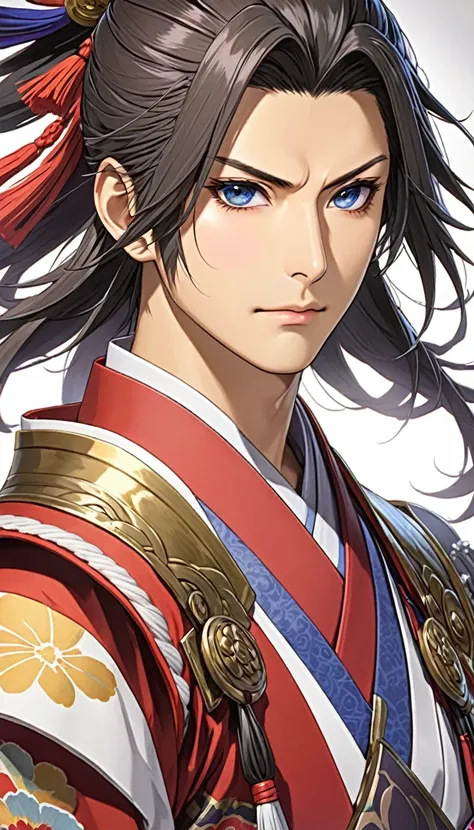 Sengoku Warlords、A close-up of Mori Ranmaru&#39;A face captured completely from the front。He is looking straight into the camera with a piercing gaze.、His facial features are prominent, He exudes masculine strength forged on the battlefield..。Strong, squar...