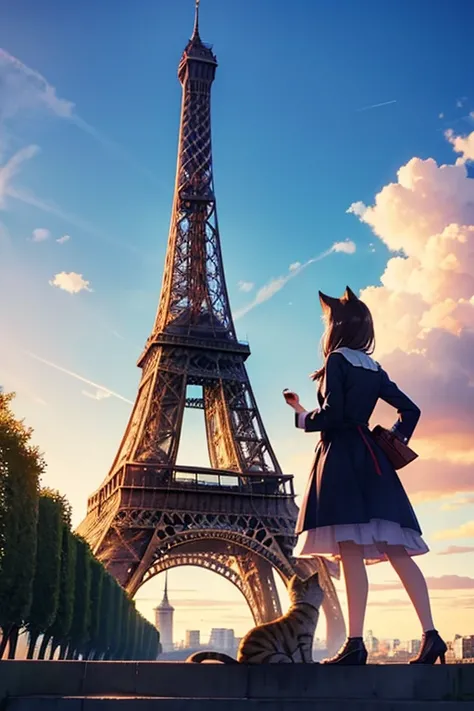 Eiffel Tower, cat and French flag