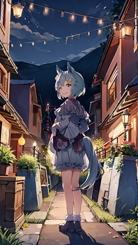 masterpiece, Best Quality, High resolution, Very detailed,(((Seiun Sky))), (((Horse Girl))), (((fence)))、(((smile)))、(((Standing at a distance))), (((Facing forward。))), night, (((Lantern))), (((Plants)))