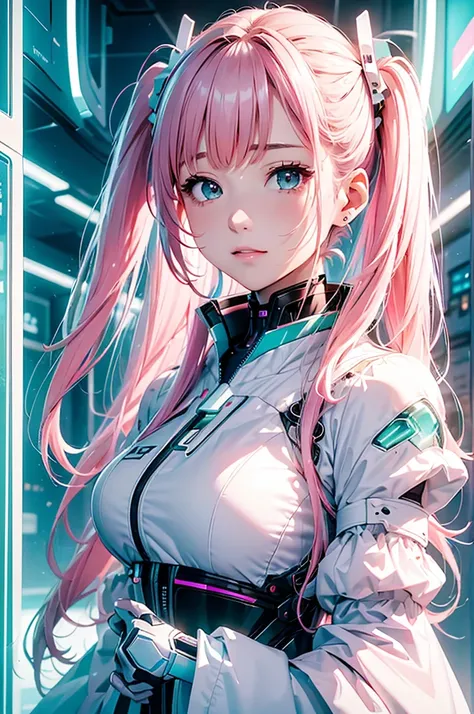 (masterpiece、Best Quality、super high quality、Beautiful and beautiful:1.2)、(Pink twin tails)、(Smile:0.8)、(theme:Gentle white and mint green&Inorganic)、Adult Suit、Rich details、Cyber city neon space、break、Her image through a transparent glass monitor、The moni...