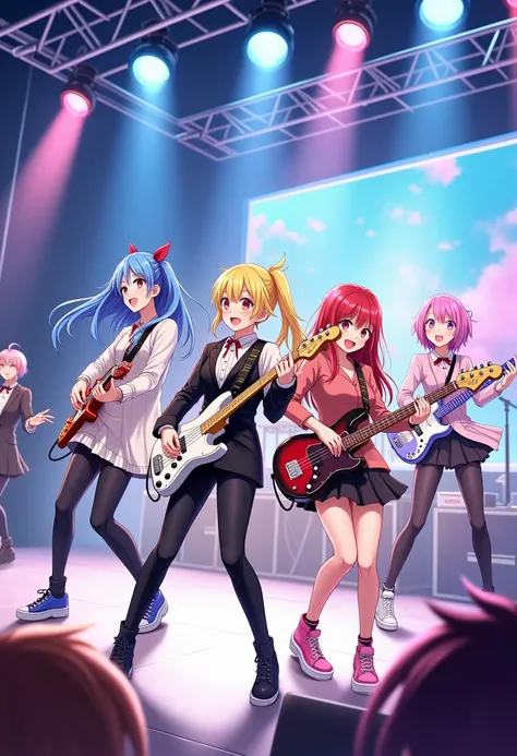 Bocchi the Rock！Anime、Four-person band、Each of the four has a different hair color.（blue、yellow、red、pink）、Each Role（Electric guitar、drum、vocal、Bass guitar）、Standing on the stage