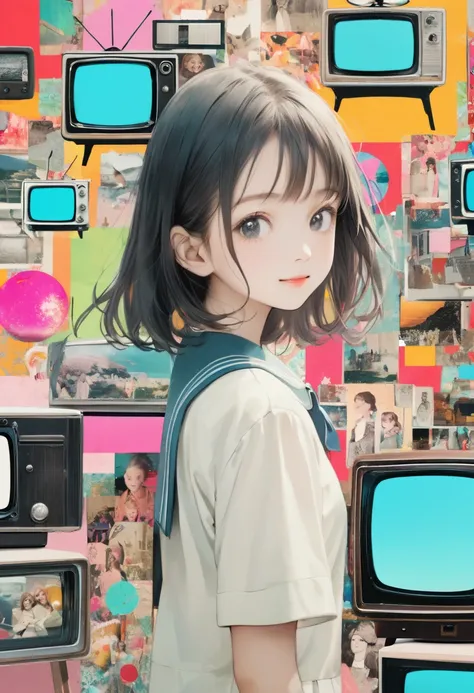 (masterpiece, best quality),(multiple exposure screen:1.2),subtle color,
print collage depicting,a tween girl watching retro tv,detailed face,she is surrounded by retro symbols,wearing school uniform, happy space,splash color, collage art, contemporary art...