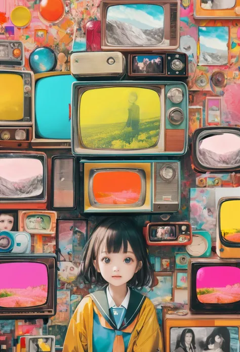 (masterpiece, best quality),(multiple exposure screen:1.2),subtle color,
print collage depicting,(a tween girl watching retro tv),detailed face,she is surrounded by retro symbols,wearing school uniform, happy space,splash color, collage art, contemporary a...