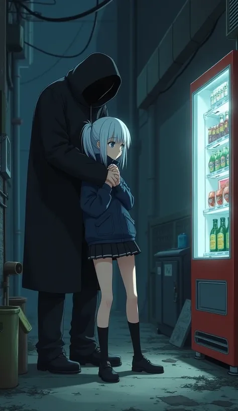 masterpiece, Best Quality, High resolution, Very detailed,(((A cute girl with white hair being pressured by a man))), (((A man wearing a coat))), (((Black hoodie))), (((mini skirt))), (((Vending Machine))), (((Dark Back Alley))), (((There is junk scattered...