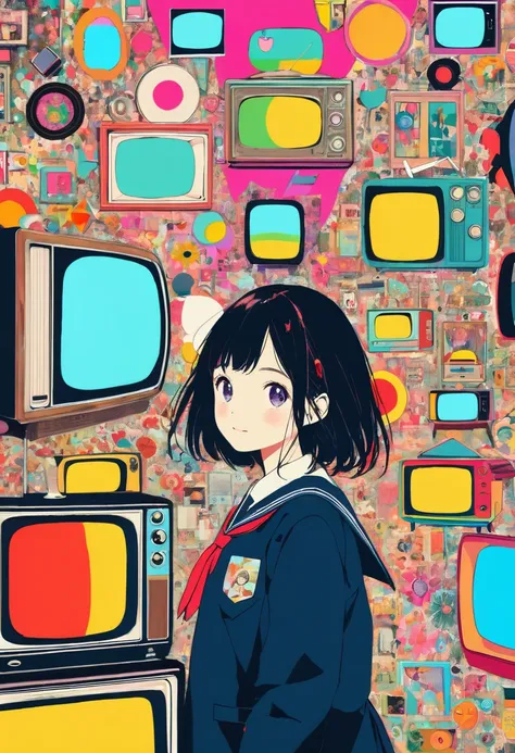 (masterpiece, best quality),(multiple exposure screen:1.2),subtle color,
print collage depicting,(a tween girl watching retro tv),detailed face,she is surrounded by retro symbols,wearing school uniform, happy space,splash color, collage art, contemporary a...