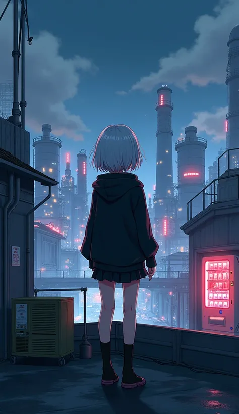 masterpiece, Best Quality, High resolution, Very detailed,(((Cute girl with white hair))), (((Black hoodie)))、(((mini skirt))), (((Vending Machine))), (((night))), (((factory))), (((pipe))), (((Cyberpunk))), (((Neon Light))), (((Cloudy))), (((rooftop))), (...