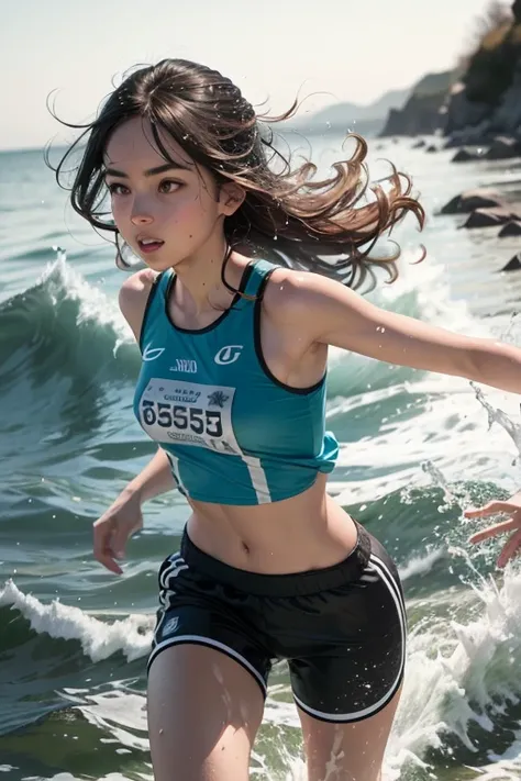 A beautiful European brunette girl in a top, shorts and athletic shoes runs forward from the smartphone screen standing on a snow-white background, while waves of water chase her. The photo is realistic and professionally made. The girls expression is reso...