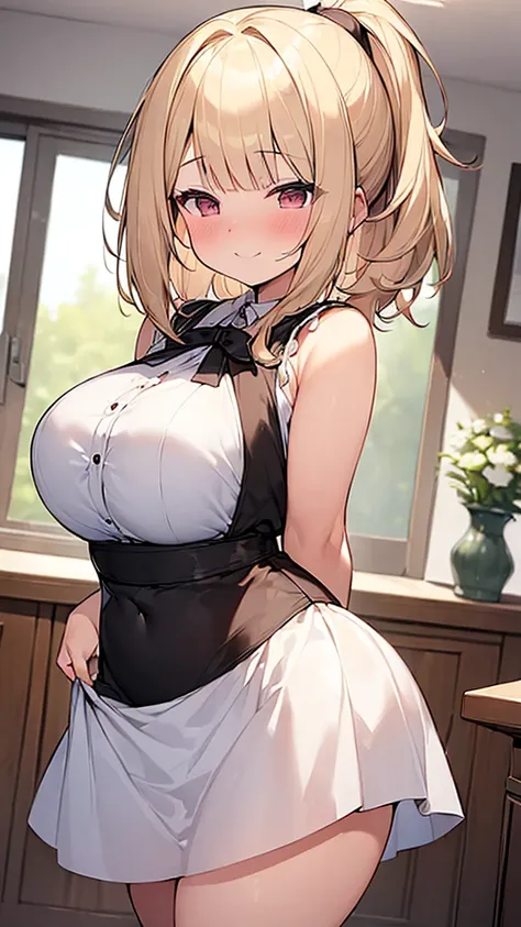 (Masterpiece, Top quality:1.5), nsfw, Naughty woman, Blonde ponytail, (medium Hair:1.2), wavy Hair, asymmetry bangs, swept bangs, airy hair, (plump breasts), chubby, smile:1.2, (blush:1.3), Wearing maid uniform, Short skirt, beautiful scene of living room,...