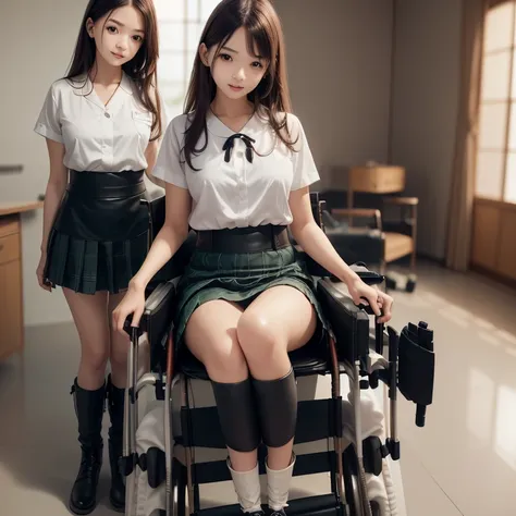 3girls,((((realistic very cute japanese anorexic girls is on wheelchair:1.5))))),((((nurse is pushing wheelchair from behind))))...